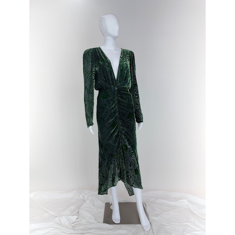 RONNY KOBO Astrid Dress Velvet Ruched Midi Dress Long Sleeve Plunge Size Small - Picture 3 of 7